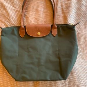 Longchamp le pliage olive green nylon leather small tote handbag